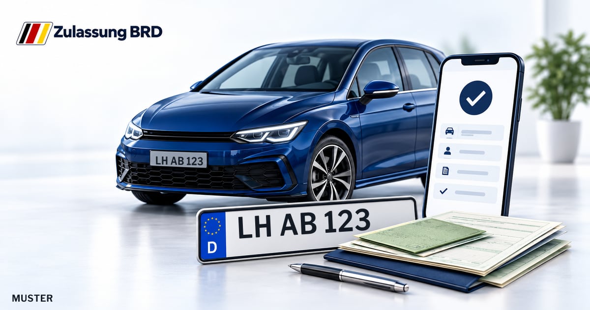 Online Fahrzeugzulassung in Werne: Musterkennzeichen LH AB 123, Auto und Fahrzeugpapiere und Smartphone. Illustration mit Logo von Zulassung BRD.